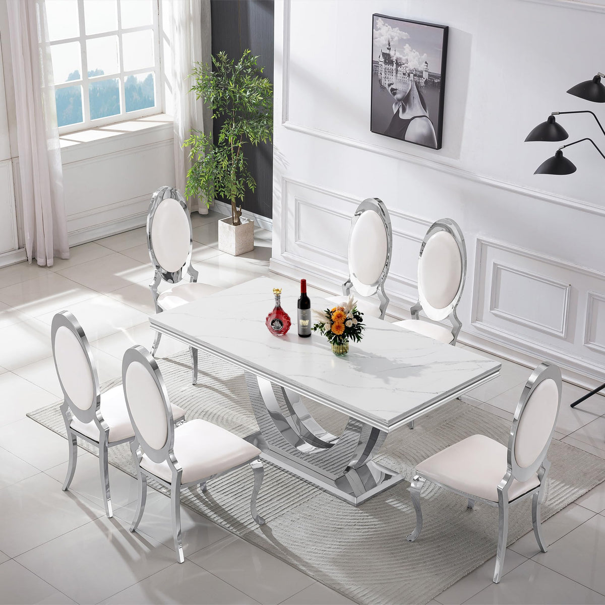 Inspired Saarinen Style White Marble Dining Table Luxury Faux Marble Kitchen Table with U-Shape Mirrored Pedestal Base, 68" Rectangular White