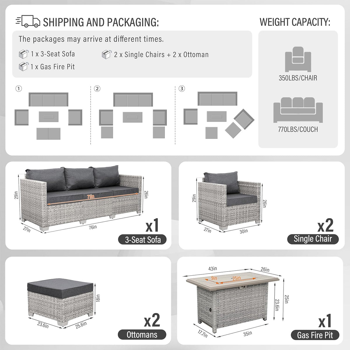 Patio Furniture Set 6 Piece PE Rattan Outdoor Conversation Sets Grey Wicker Couch Sectional Sofa with Fire Pit