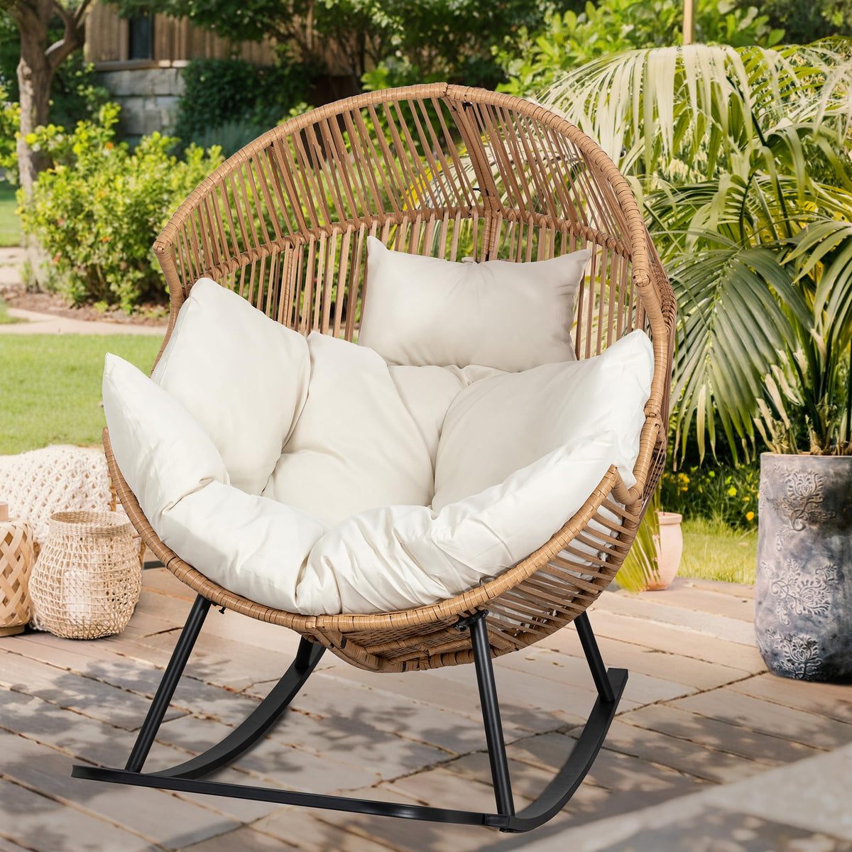 Wicker Rocking Egg Chair PE Rattan with Cushion, Oversized Patio Lounge Rocker Chair for Outdoor, Indoor, Balcony