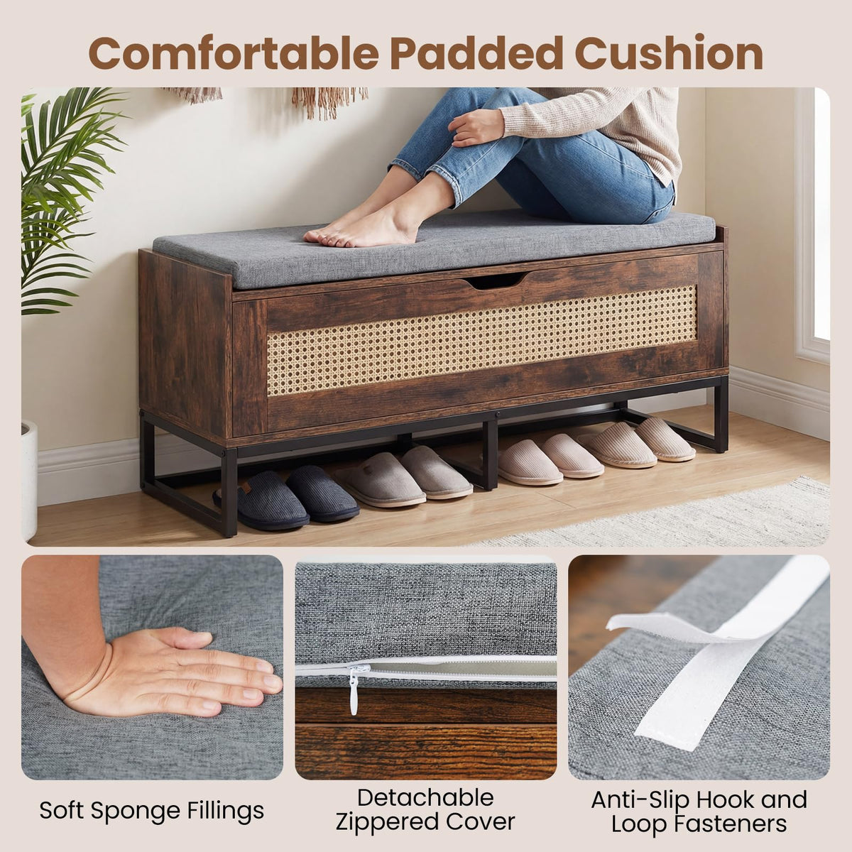 Rattan Shoe Bench, Flip-Top Entryway Bench with Removable Padded Seat & Hidden Storage, Wooden Shoe Storage Chest