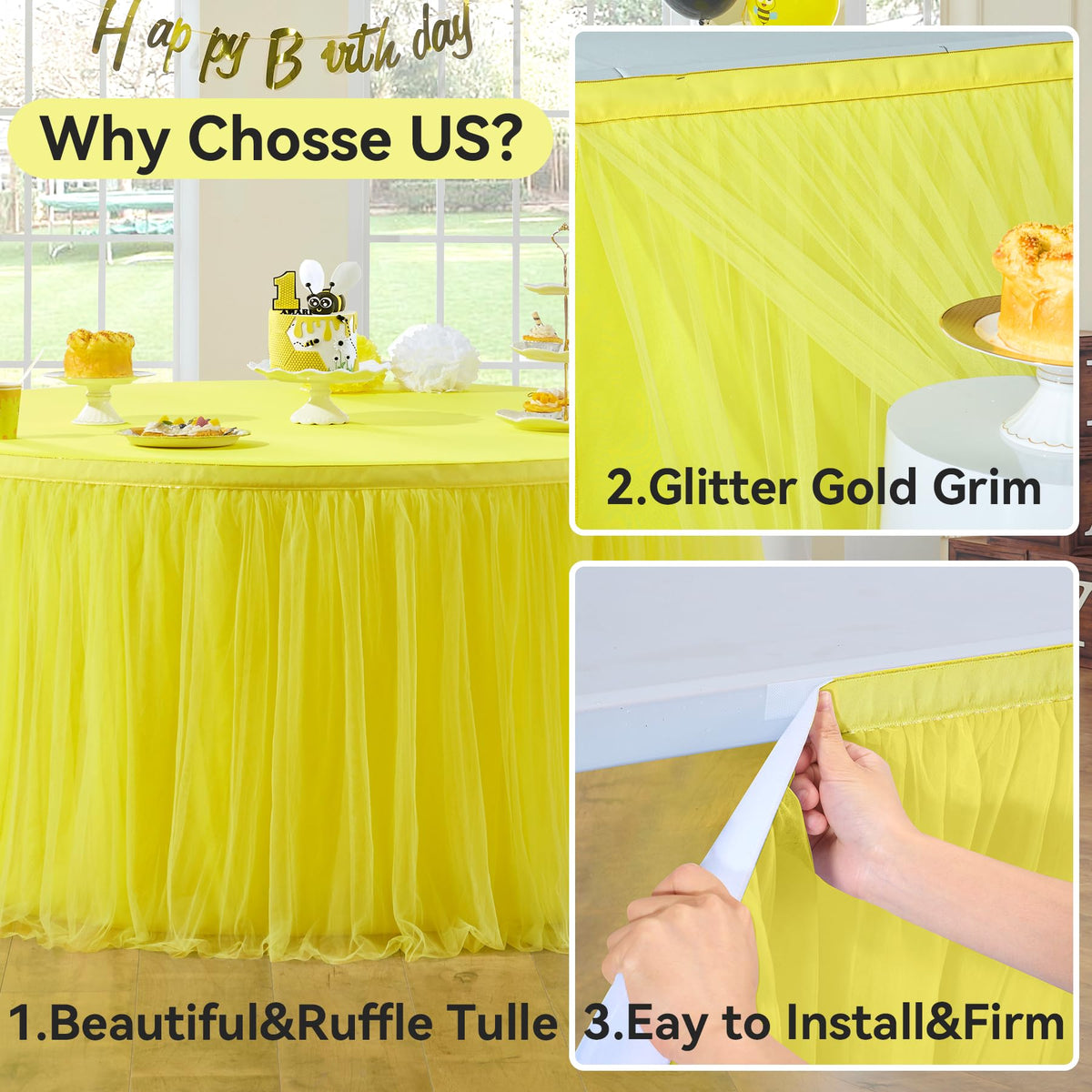 108in Yellow Tulle Table Skirts for Rectabgle Tables 6/8/4ft, 2-Layer Gold Grim Ruffle Tulle Tutu Cloth Table Skirt