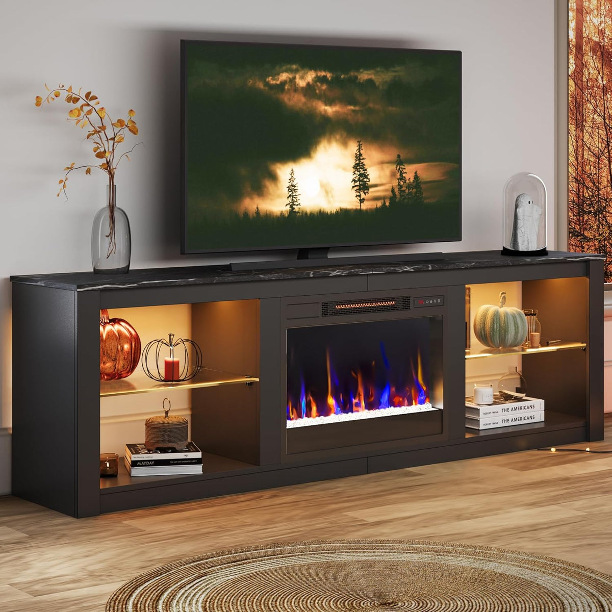 70 Inch Fireplace TV Stand for TVs up to 75 Inches, LED Entertainment Center with 23 Inch Electric Fireplace and Glass Shelves, Black Marble Finish
