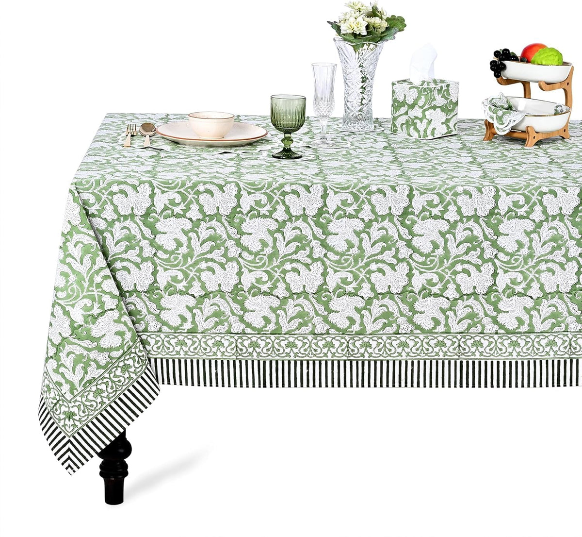 Sage Green 60x90 Inches Rectangle 100% Cotton Hand Block Print Tablecloth Washable Easter Thanksgiving/Christmas