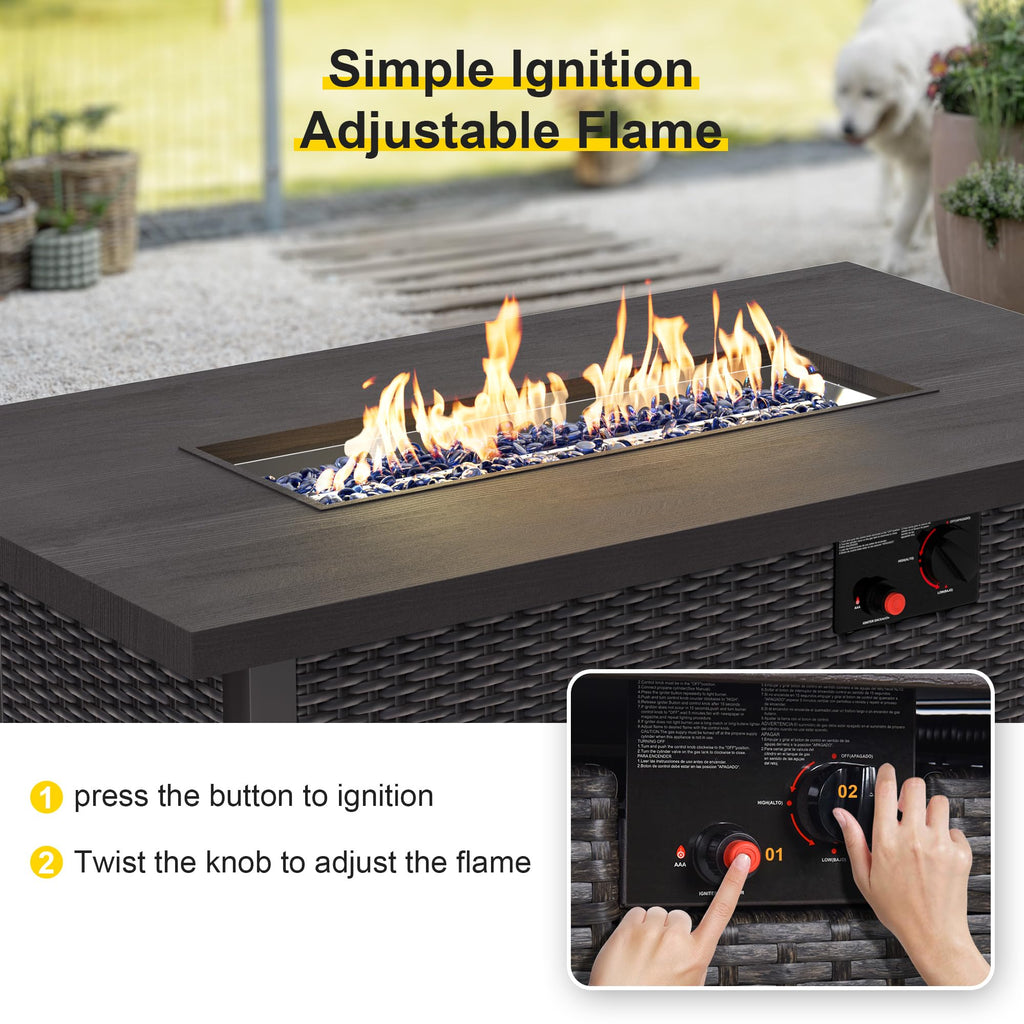 Fire Pit Table 42 Inch Outdoor Propane Gas Fire Pit for Outside 50, 000 BTU Auto-Ignition Gas Firepit Outdoor Rattan