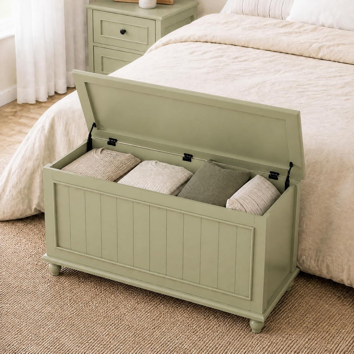 Vintage End of Bed Storage Bench, 39.4'' Wooden Chest with Flip Top, Green | Toy Storage Chest, Bedroom Trunk, 37.6