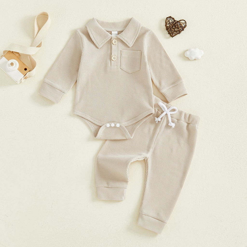 Newborn Baby Boy Clothes Solid Waffle Knit Long Sleeve Button Up Collared Romper Long Pants Set Fall Winter Outfits