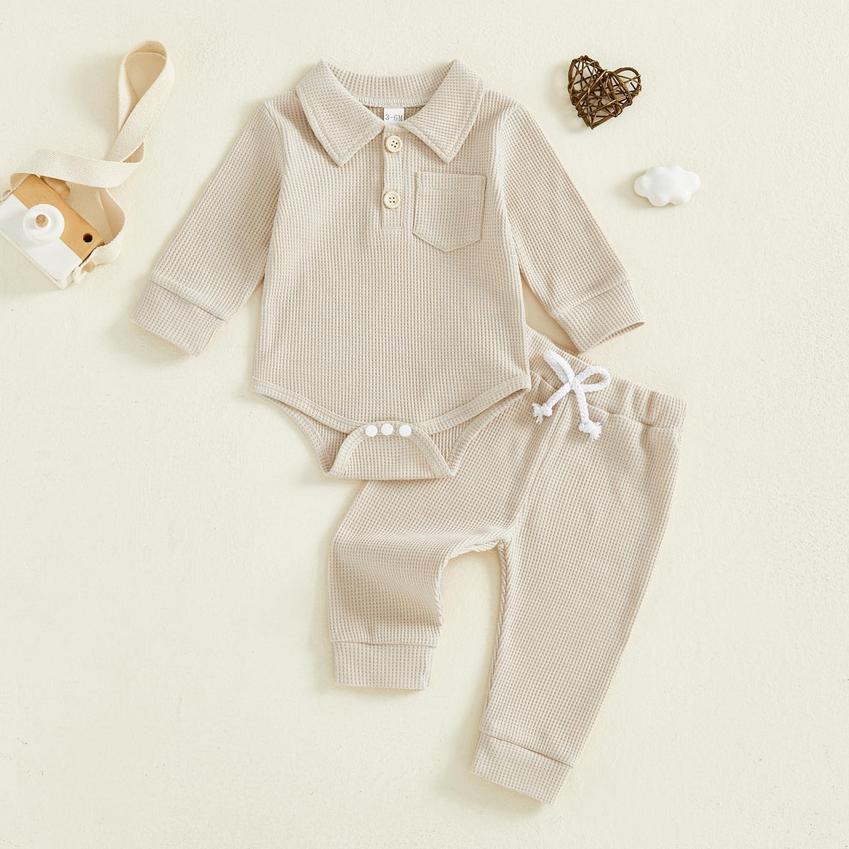 Newborn Baby Boy Clothes Solid Waffle Knit Long Sleeve Button Up Collared Romper Long Pants Set Fall Winter Outfits