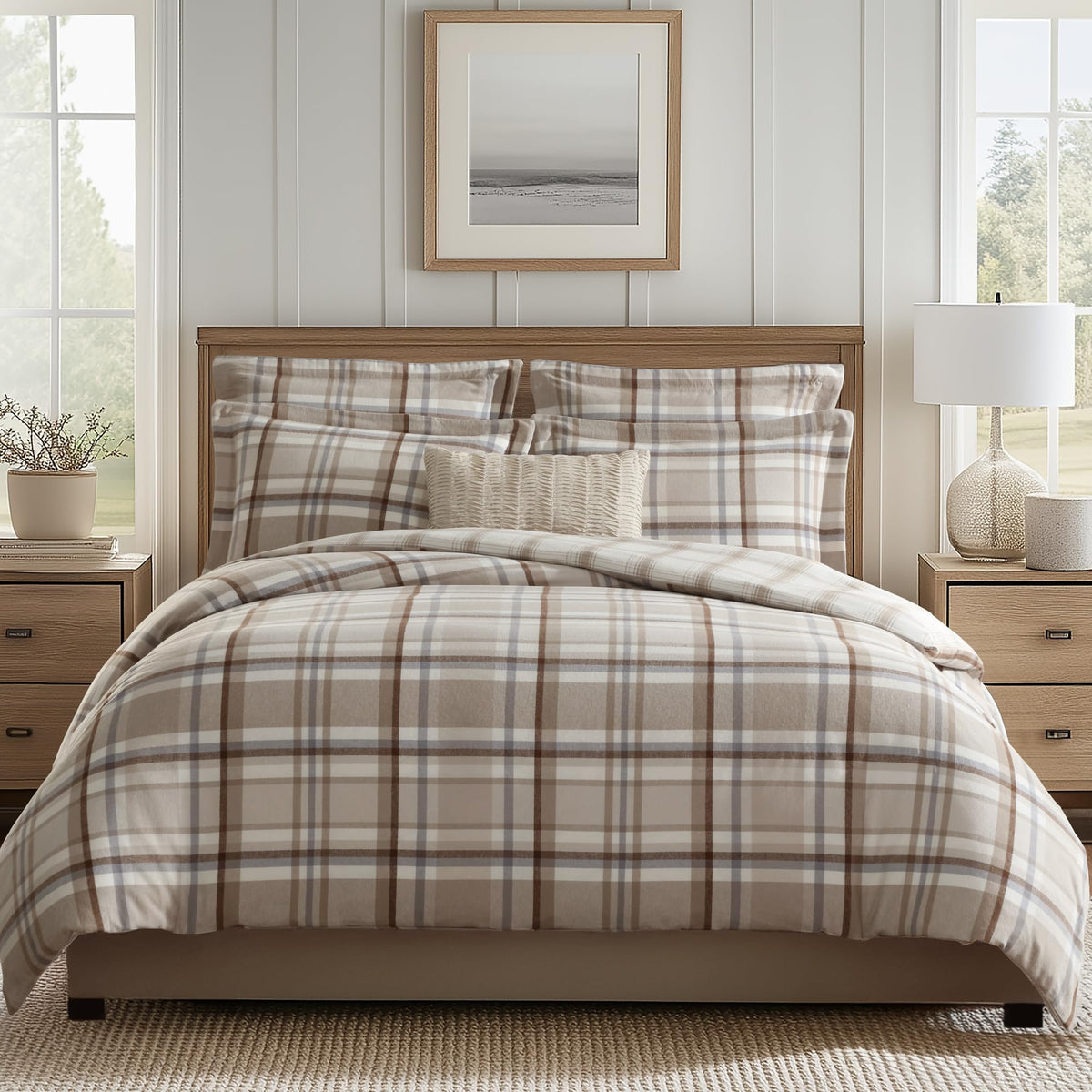 Spencer Plaid Neutral - Comforter (90x94in.) + Two Standard Shams (20x26in.) - Plaid - Beige Tan Cream