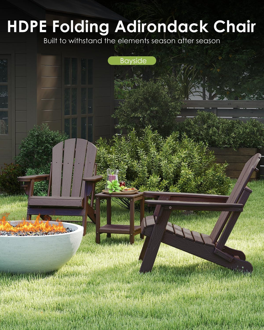 Folding-Adirondack-Chairs Set of 2, HDPE Wood Grain, Dark Brown | Hidden Cup Holder | 5" Wide Armrests | Foldable