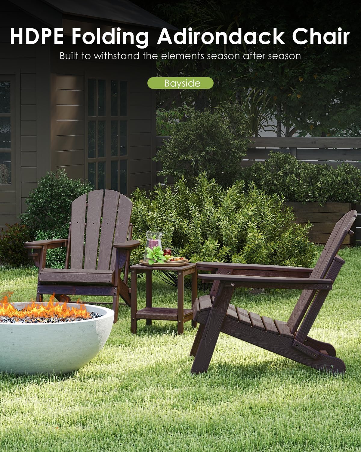 Folding-Adirondack-Chairs Set of 2, HDPE Wood Grain, Dark Brown | Hidden Cup Holder | 5" Wide Armrests | Foldable