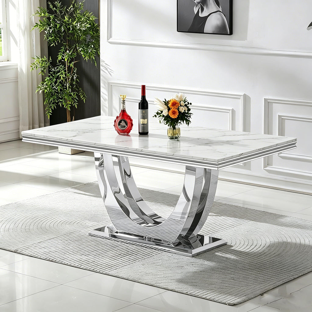 Inspired Saarinen Style White Marble Dining Table Luxury Faux Marble Kitchen Table with U-Shape Mirrored Pedestal Base, 68" Rectangular White