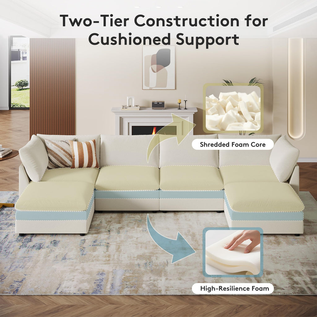 98" Large Cloud Modular Sectional Sofa with Ottoman, Beige Chenille