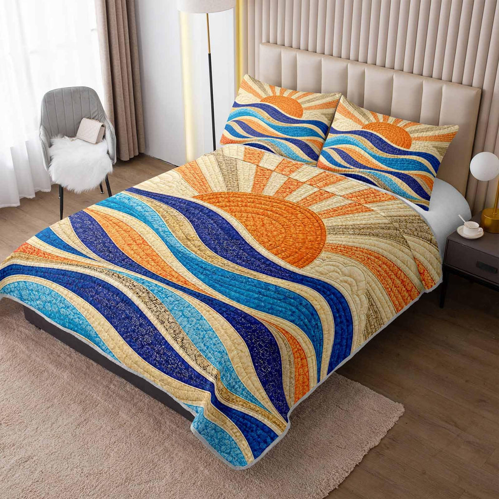 Retro Sun Ocean Wave Quilt Sets with 2 Pillowcases.