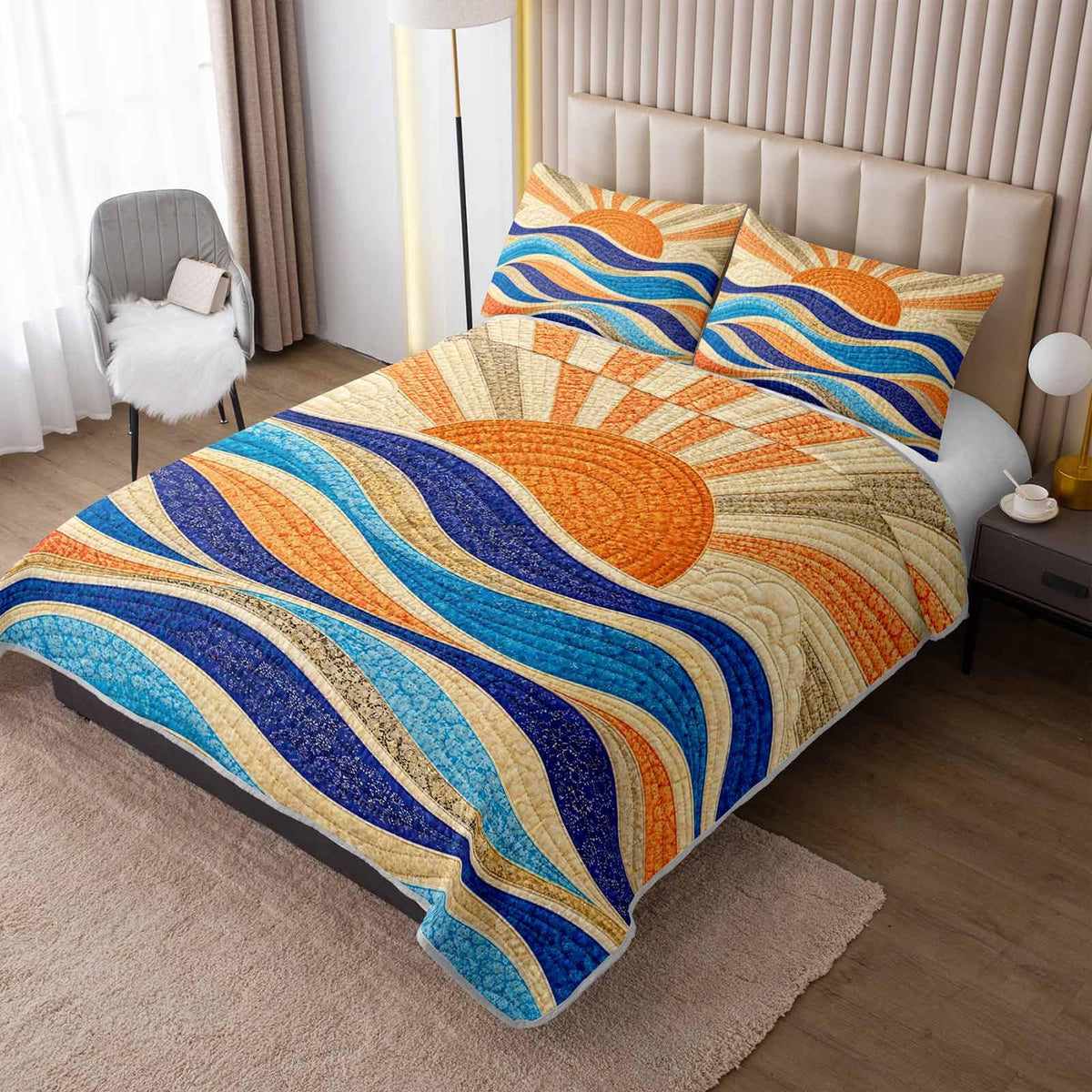 Retro Sun Ocean Wave Quilt Sets with 2 Pillowcases.