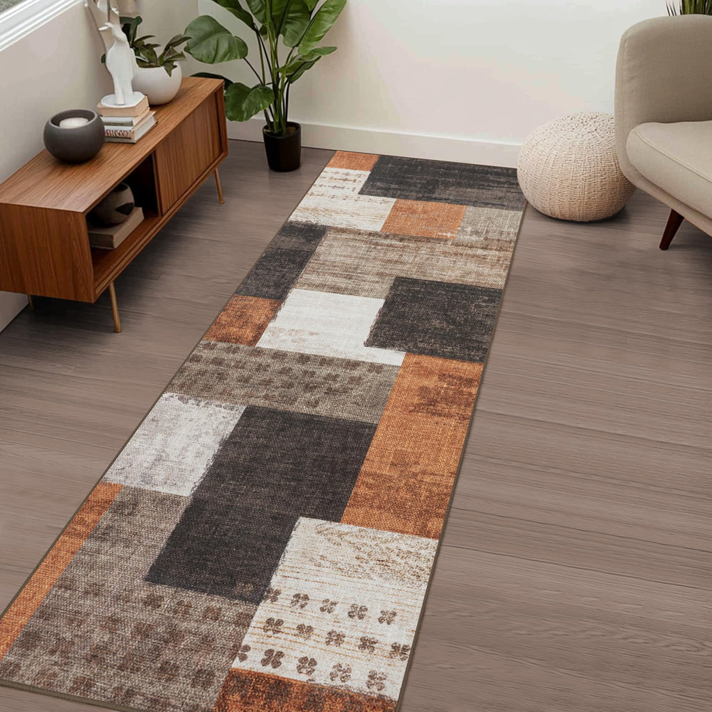 Modern Geometric Patchwork Indoor Runner Rug, Orange Rug Rockwood Collection Hardwood Floors Decor, Throw