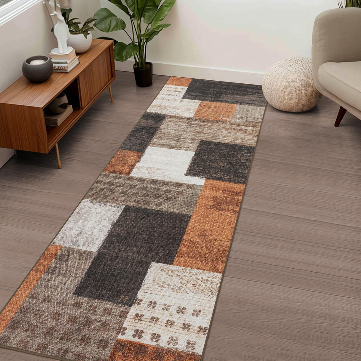 Modern Geometric Patchwork Indoor Runner Rug, Orange Rug Rockwood Collection Hardwood Floors Decor, Throw