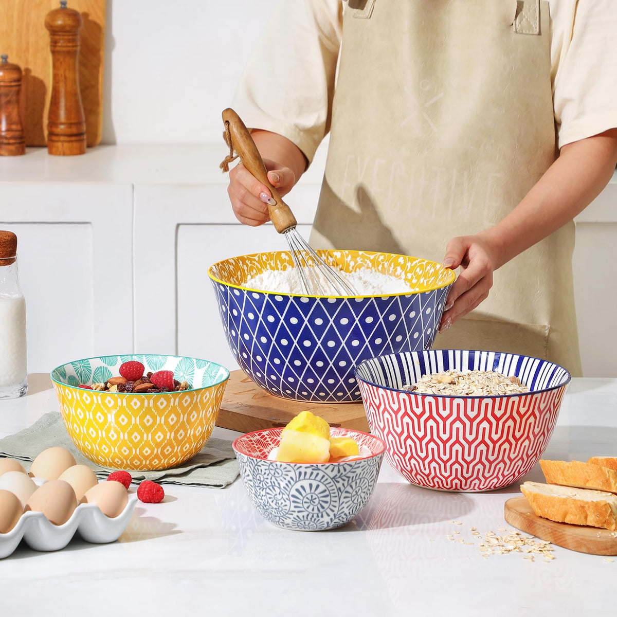 Ceramic Mixing Bowls Set of 4, 20/36/60/123 oz, Assorted Colors