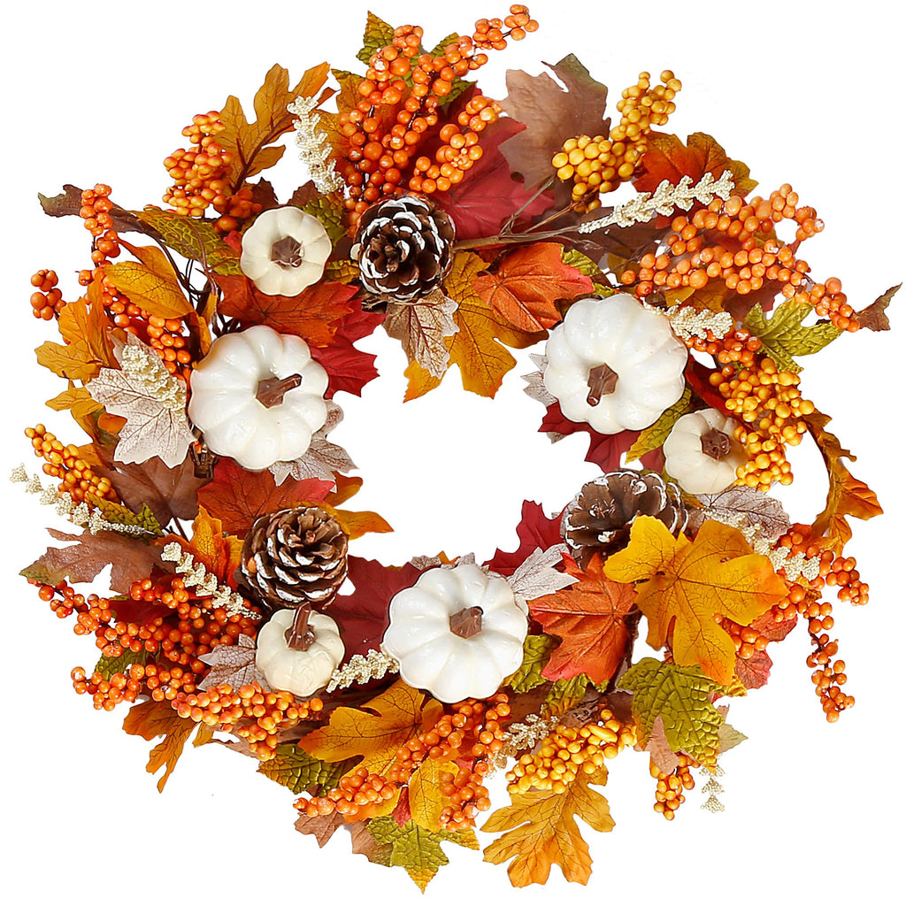 Fall Wreath 20'' Autumn Front Door Wreath Harvest Wreath with White Pumpkins Berries Maple Leaves Pine Cones Grain