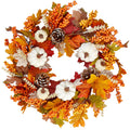 Fall Wreath 20'' Autumn Front Door Wreath Harvest Wreath with White Pumpkins Berries Maple Leaves Pine Cones Grain