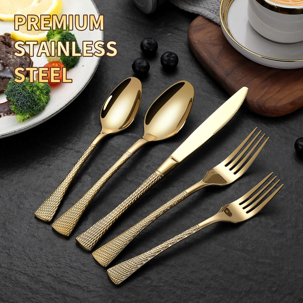 Hammered Gold Silverware Set,30 Piece Modern Flatware Set Service for 6,Mirror Polished Stainless Steel Cutlery Set