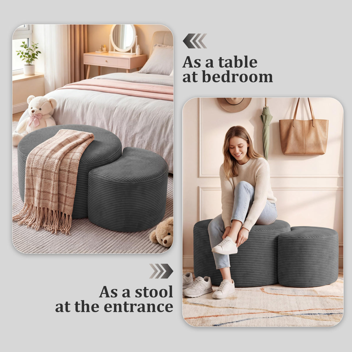 Boneless Ottoman Nesting Coffee Table Set of 2, Corduroy Soft Foot Rest Movable LargePouf Footstool Sofa Couch Bedroom