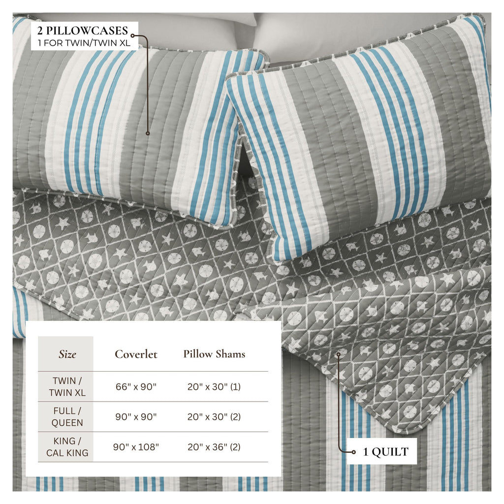 Coastal Quilt Set - 3-Piece Size Stripe Bedding Set - Lightweight, All-Season, Reversible Bedspread
