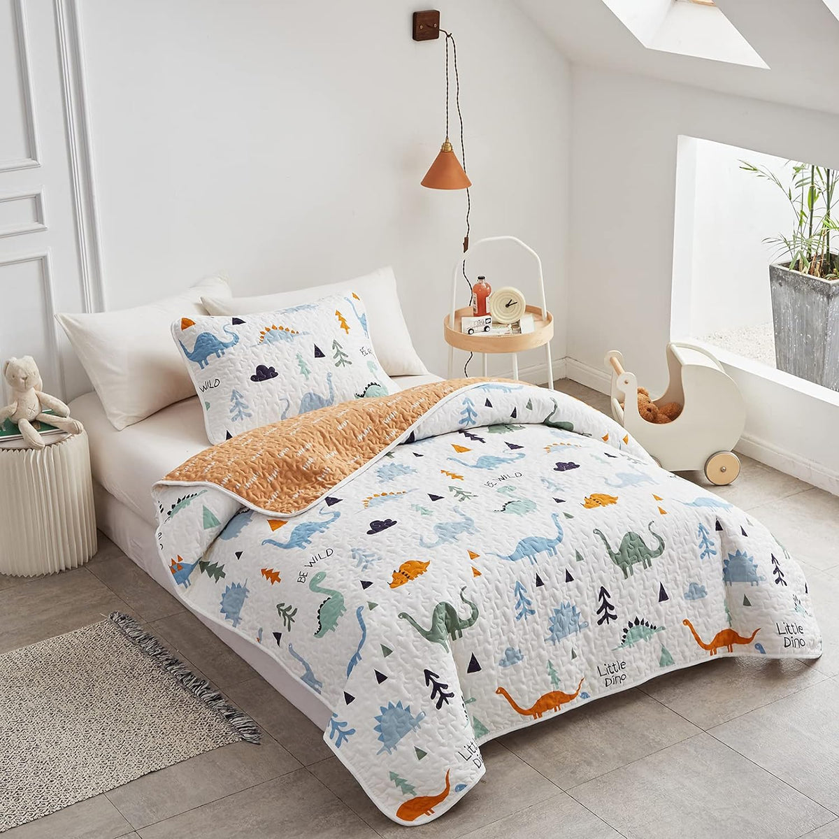 3-Piece Cotton Quilt Set Full/Queen, Cute Dinosaur Reversible Design for Kids Boys n Girls, Breathable Quilt