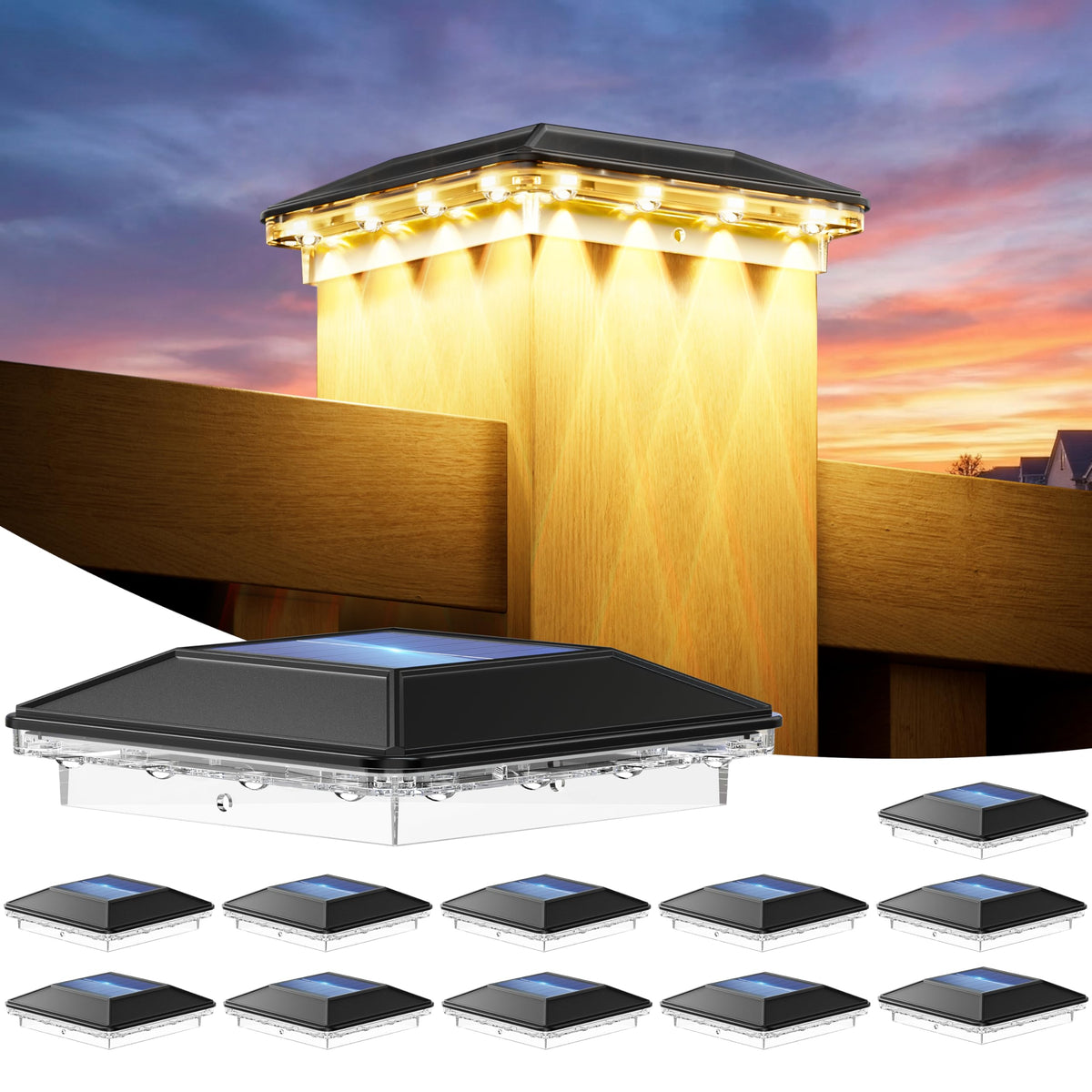4x4 Solar Post Cap Lights 12 Pack, 3 Modes Fence Post Solar Lights