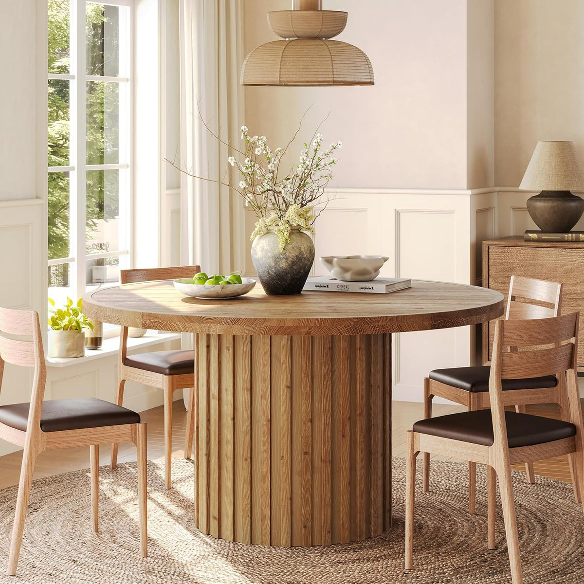 47" Solid Wood Dining Table for 4-6, Farmhouse Round Kitchen Table with Striped Pedestal Base, Circle Wooden Dining