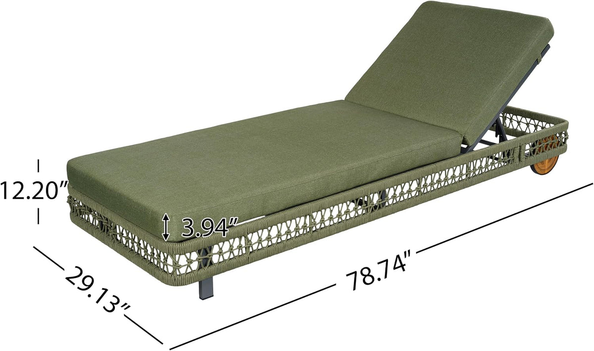Woven Rope Chaise Lounge Chair Outdoor with Steel Frame, Patio Outdoor Chaise Lounge with Wheels and Cushions