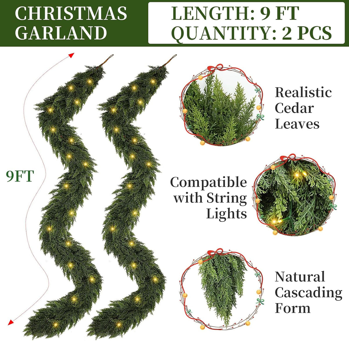 18 FT (2 * 9FT) Cedar Garland with Lights - Realistic Prelit Christmas Garlands for Mantle, Stairs, Fireplace, Indoor