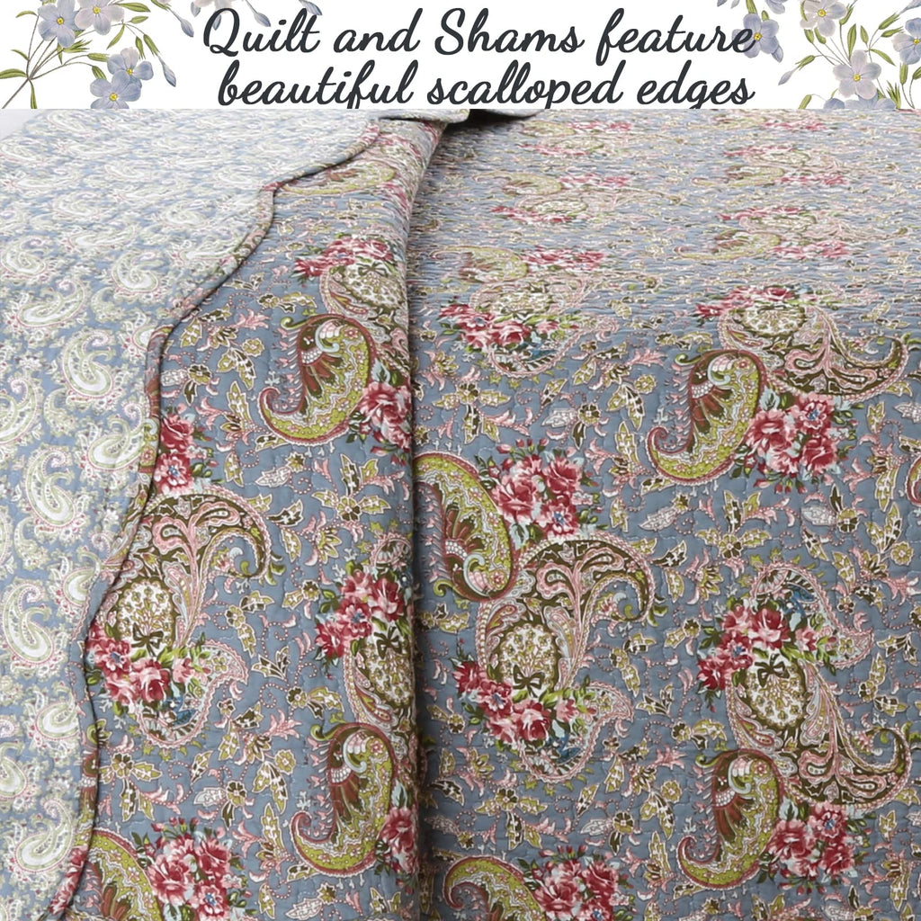Cottage French Floral Country 100% Cotton Reversible Bedding Quilt Set, Bedspread, Coverlet (Provence Garden, Queen