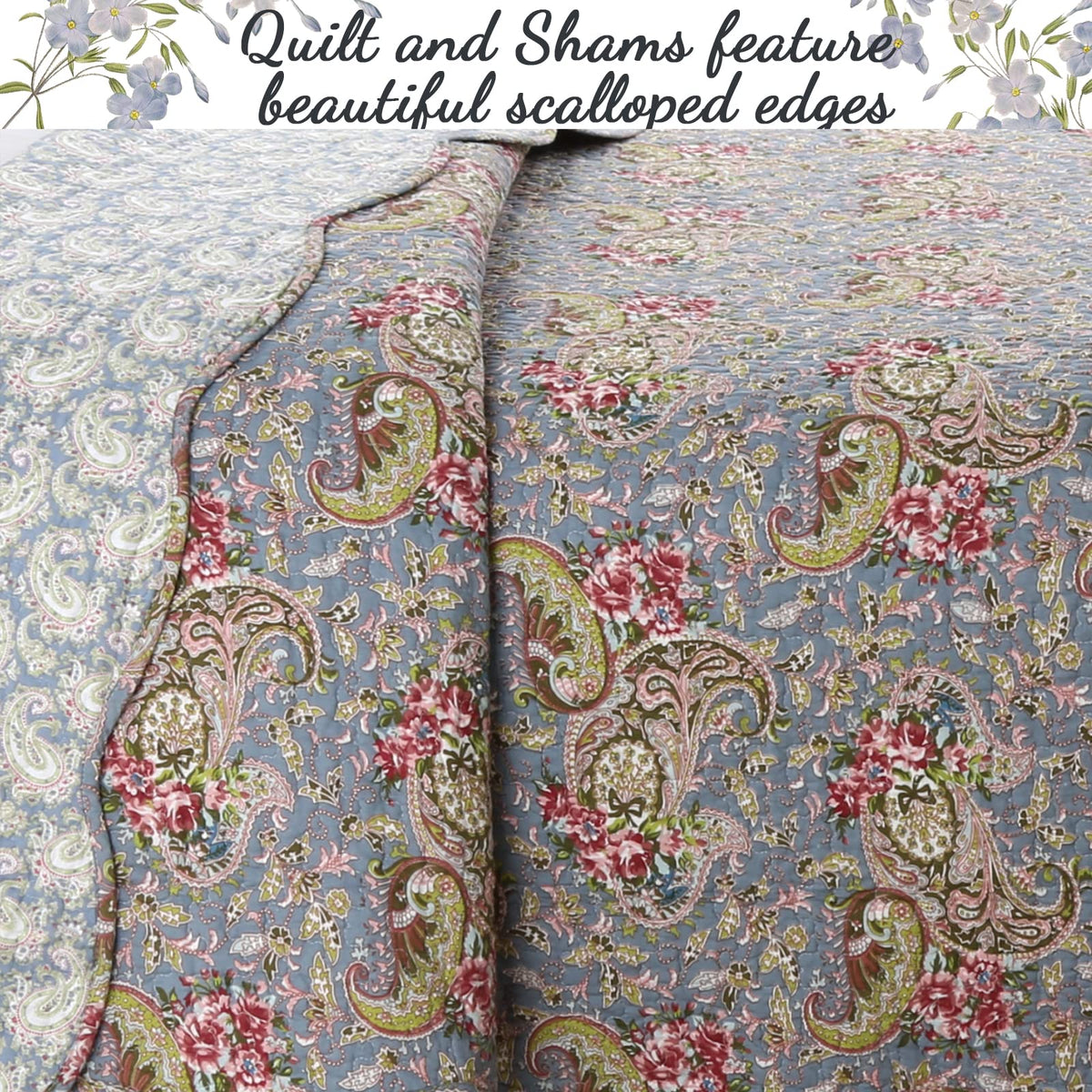 Cottage French Floral Country 100% Cotton Reversible Bedding Quilt Set, Bedspread, Coverlet (Provence Garden, Queen