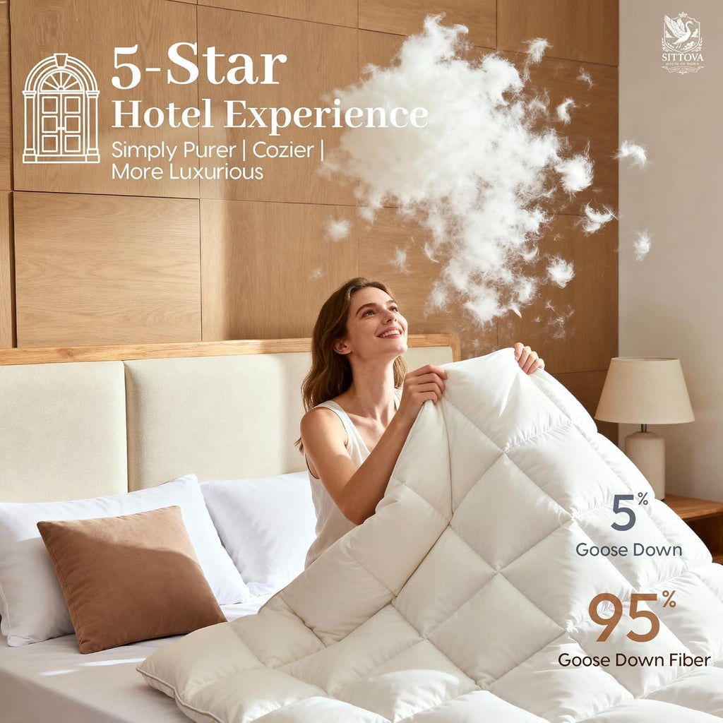Goose Down Fiber Comforter King - All-Season Hotel Quality Duvet Insert, High Fill Power, Ultra Soft 100% Cotton