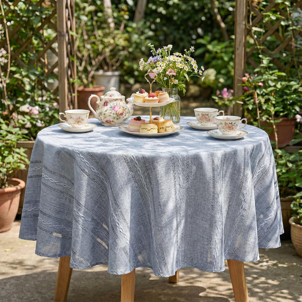 Blue Round Tablecloth, 70×70 Inch, Farmhouse Decor