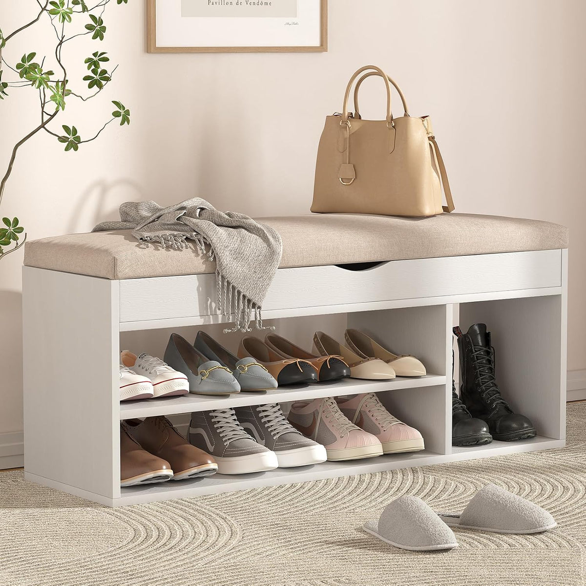 31 Inches Storage Bench with Padded Cushion, Shoe Bench with Storage Space, Upholstered Entryway Bench , 2-Tier Shoe