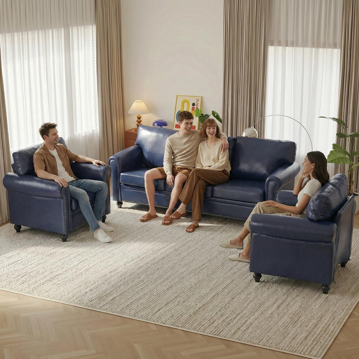 3 Piece Living Room Set, Chesterfield Sofa & 2 Accent Chairs, Faux Leather Couch Set with Nailhead Trim, Midcentury
