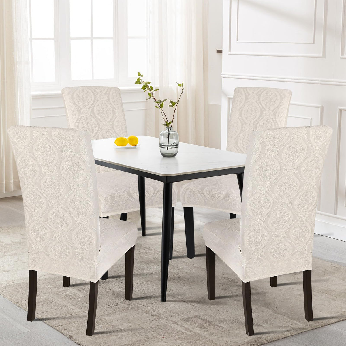 Water Repellent Dining Room Chair Cover, 4 Pack, Beige Flower Pattern