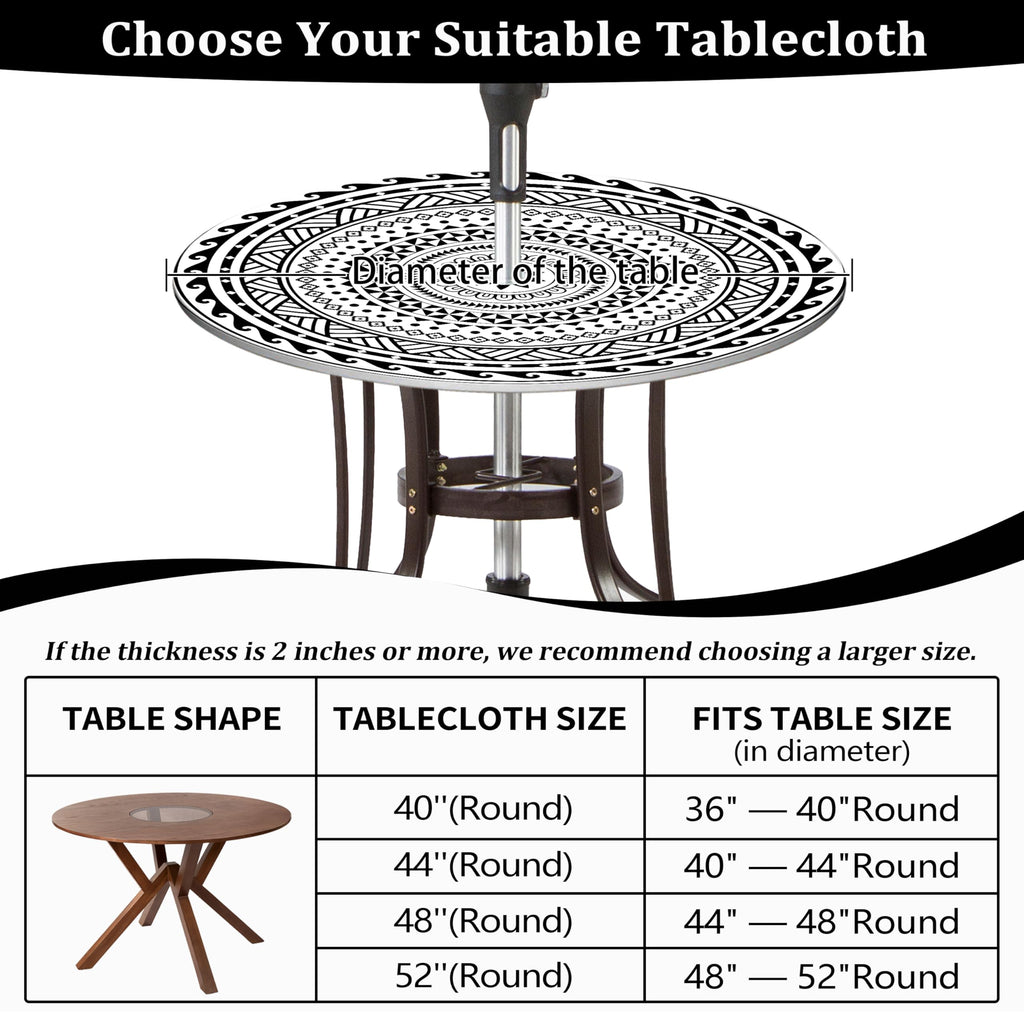 Outdoor Tablecloth with Umbrella Hole Waterproof Abstract Tribal Round Fitted Tablecloth with Elastic Zippered Table