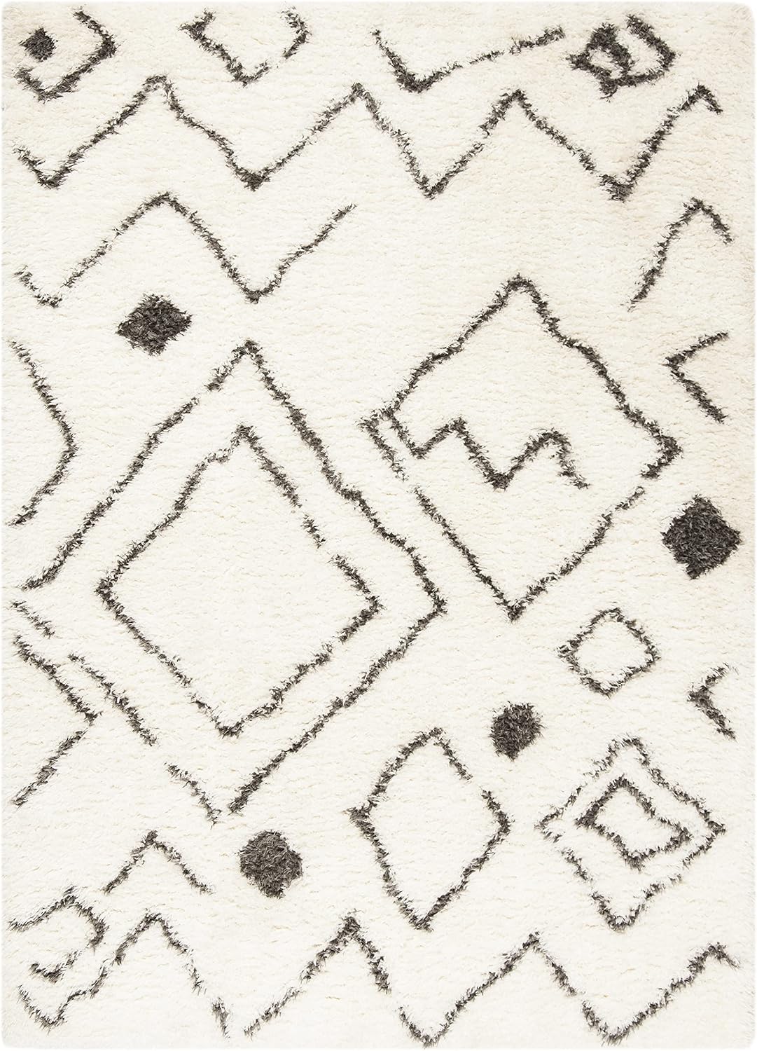 Flokati Shag Collection Area Rug, Ivory & Charcoal, Moroccan Design, Non-Shedding & Easy Care