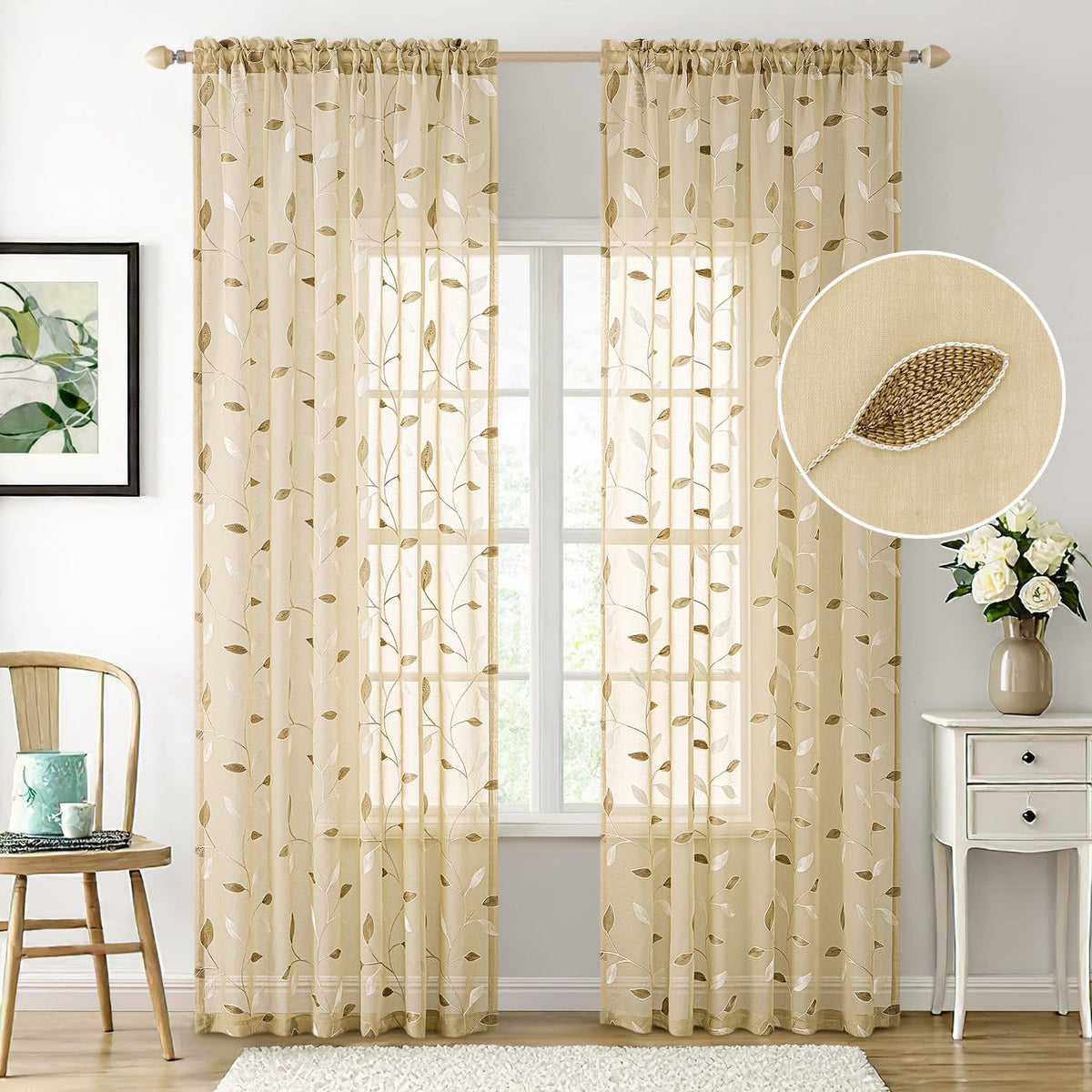 Beige Sheer Curtains 2 Panels Embroidered Leaf Patterned, W52 x L84