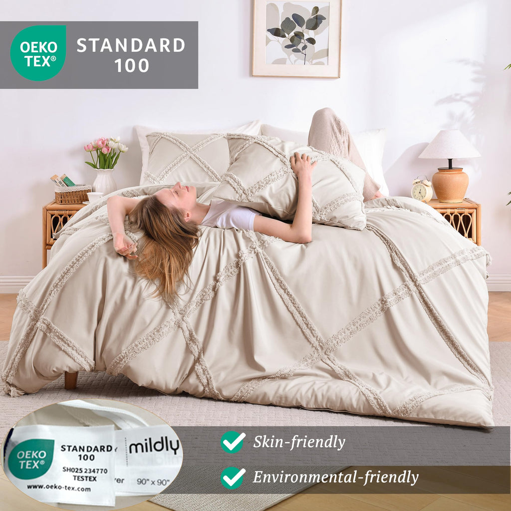 Boho Duvet Cover Beige - Tufted Comforter Cover Set Geometric Textured Jacquard King Size Bedding Set with Corner