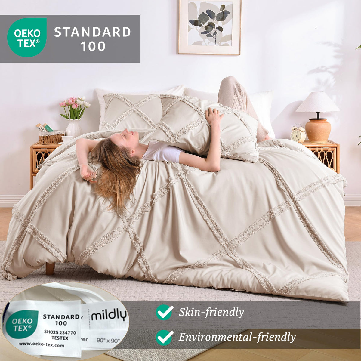Boho Duvet Cover Beige - Tufted Comforter Cover Set Geometric Textured Jacquard King Size Bedding Set with Corner