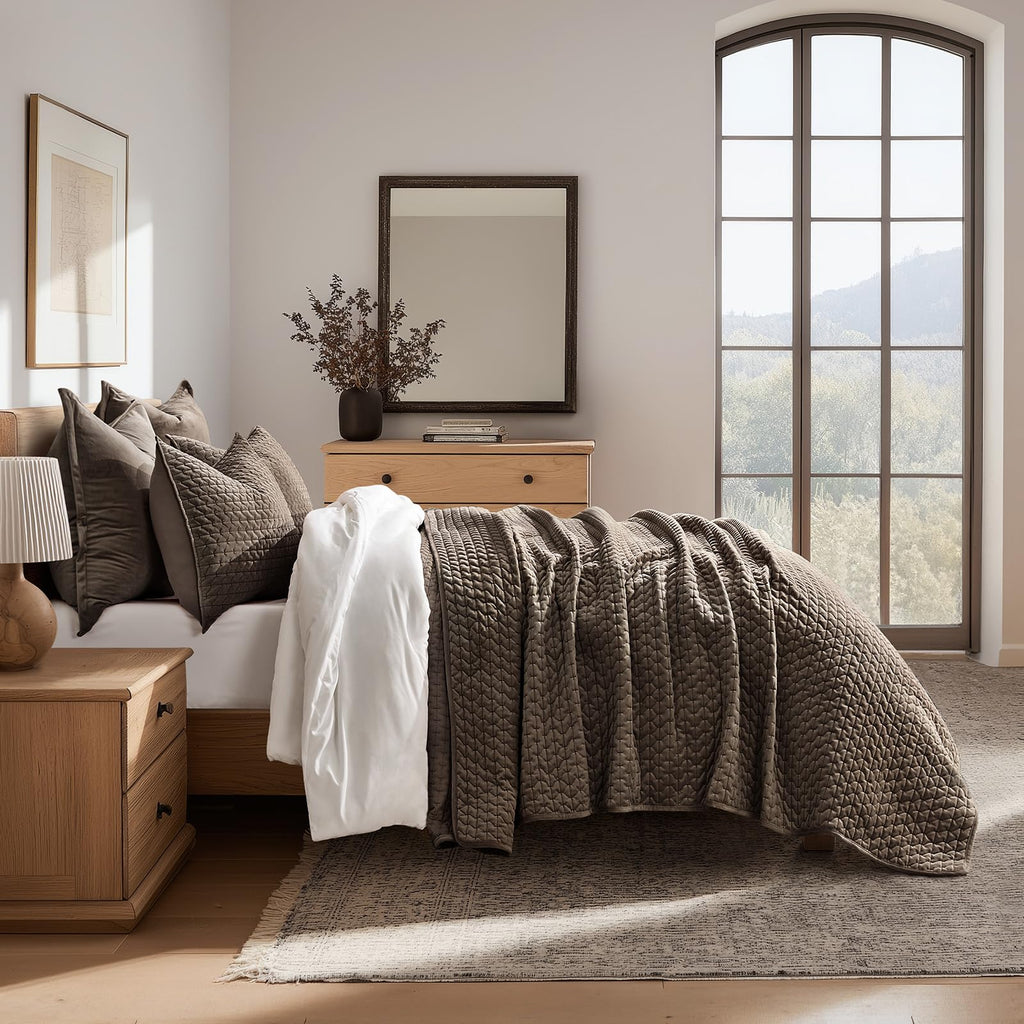 Cross-Stitch Velvet Quilt Set, Mushroom Brown