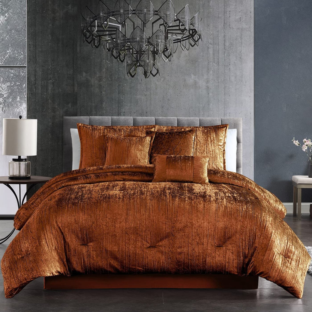 Turin Crinkle Velvet Comforter Bedding Set, Queen Size, Glam Textured Décor, Spice, 7 Pieces