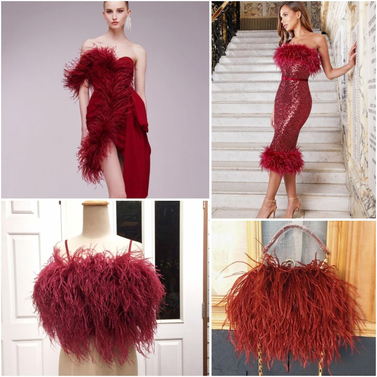 5-7inch Burgundy Ostrich Feather Trim for DIY Sewing Clothing,2Yards