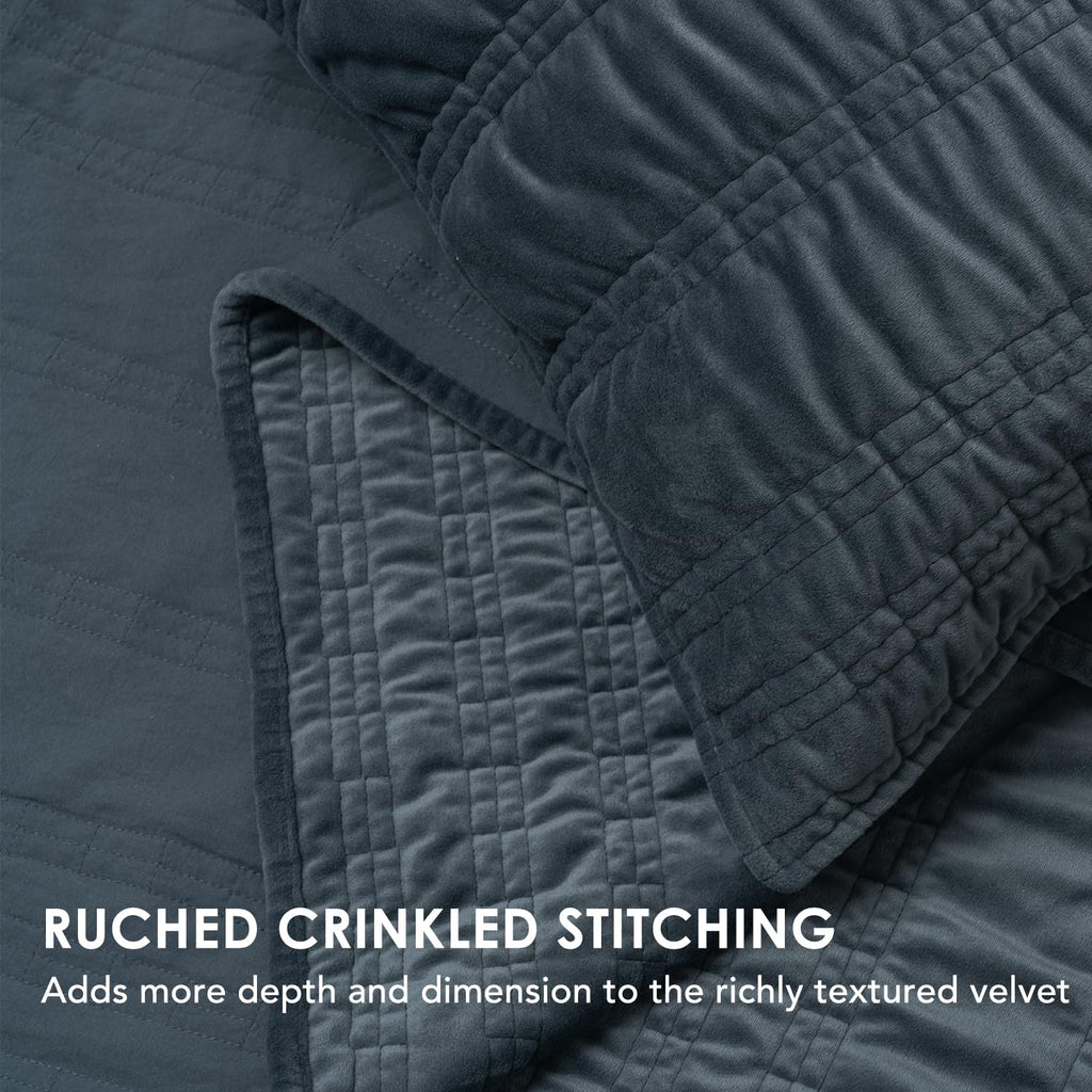 Luxury Ruched Velvet Quilt Set, Stormy Blue