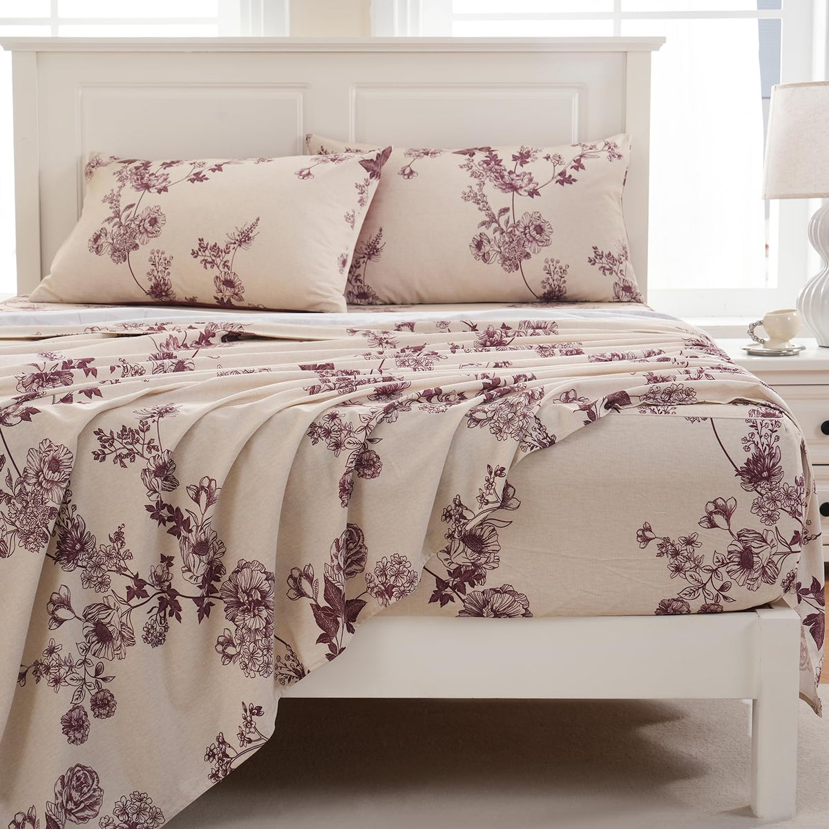 Sheets 100% Percale Cotton Red Floral Bed Sheet Set, Brushed Extra Softness, Breathable Luxury Toile