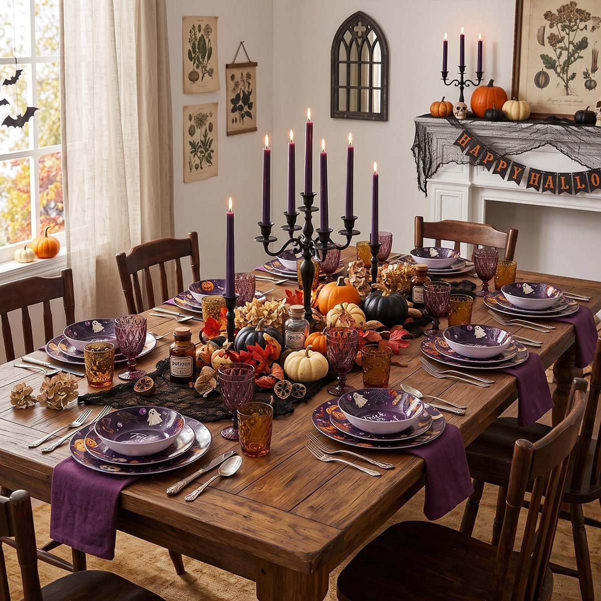 12-Piece Halloween Melamine Dinnerware Set, Service for 4,Dark Purple