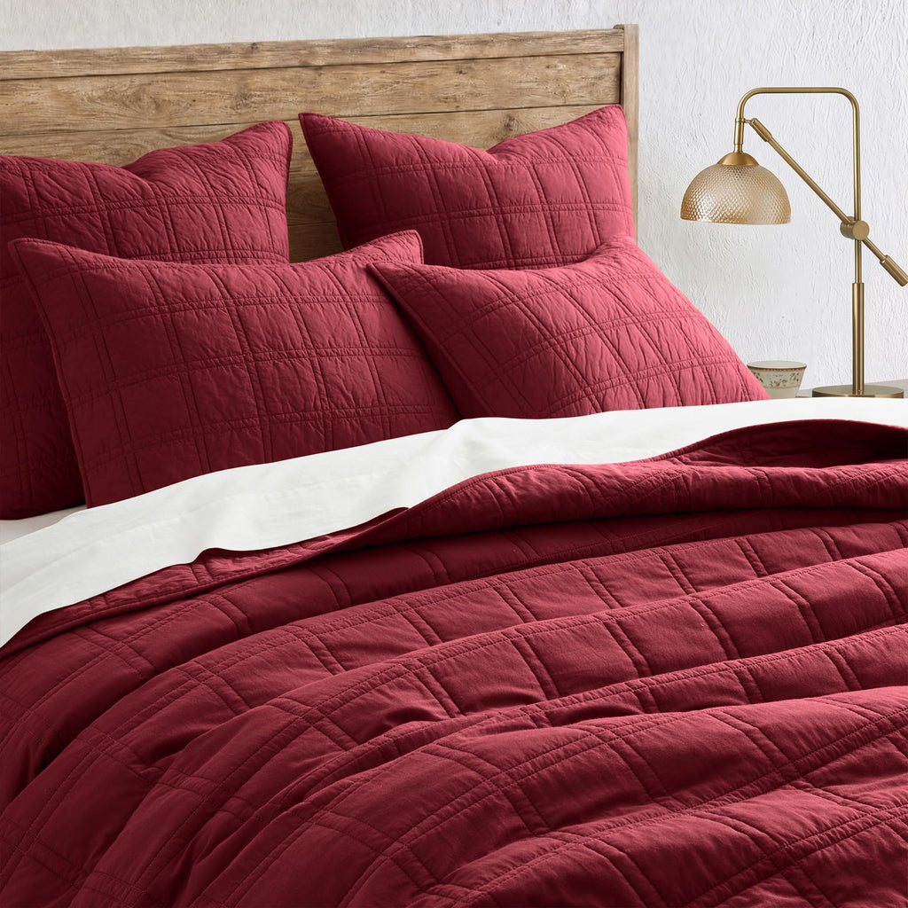 100% Cotton Quilt Set, Burgundy Red Pre-Washed Bedspreads Coverlet Set in Geometric Pattern, Cozy